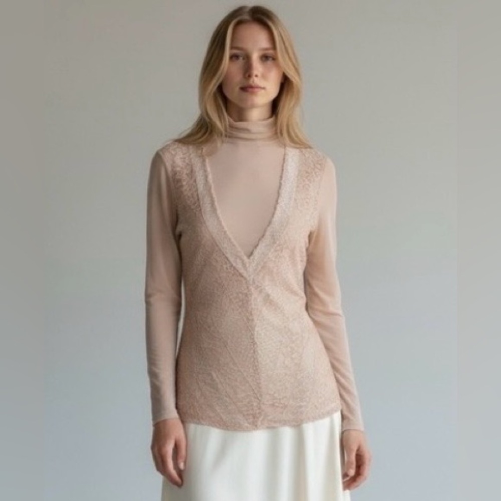 Vintage Guess Blush Lace Top Sheer Long Sleeve Blouse Medium